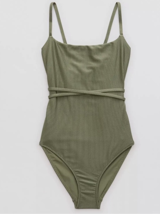 aerie Other - NWT Aerie Ribbed Olive Green One-Piece Wrap Around Tie Swimsuit